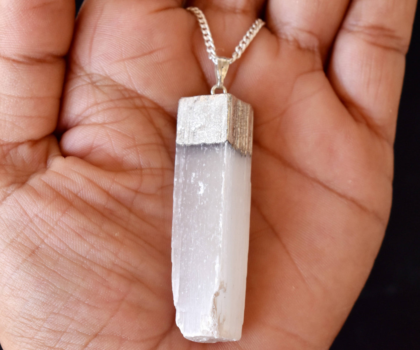 Selenite Rough Stone Pendant - Electroplated Silver Pendant