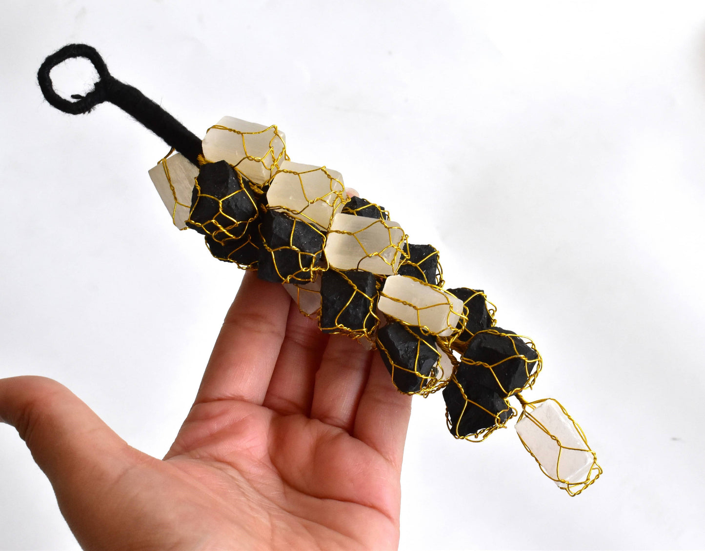 Selenite with Black Tourmaline Protective Raw Crystal Car or Home Hanger